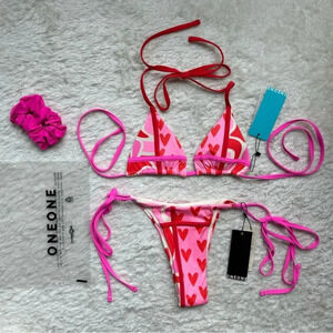 NWT OneOne Swimwear XOXO Valentines Day Limited Edition Pink Hearts Bikini NEW